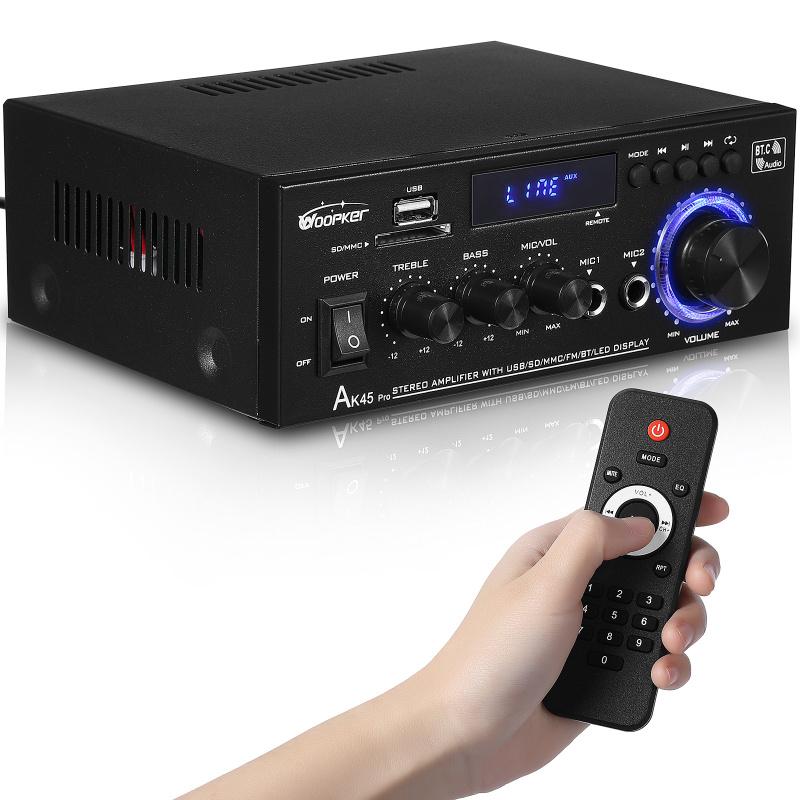 WOOPKER AK45 300W/AK45 Pro 400W Bluetooth 5.0 Stereo Amplifier HiFi 2.0 Channel Power Amp with USB SD RCA Dual Microphone Support for Karaoke Home Theater Party Audio Streaming  karaoke machine