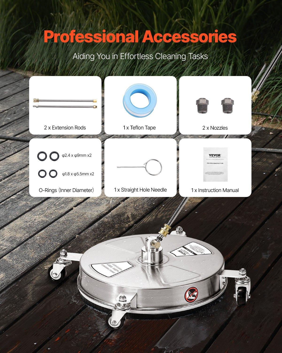 VEVOR 16.5" Pressure Washer Surface Cleaner, Stainless Steel Pressure Washer Attachments with 4 Wheels, 4000 Max PSI, 1/4 Quick Connector, 2 Spray Nozzles, 2 Extended Wands for Concrete, Patio, Deck