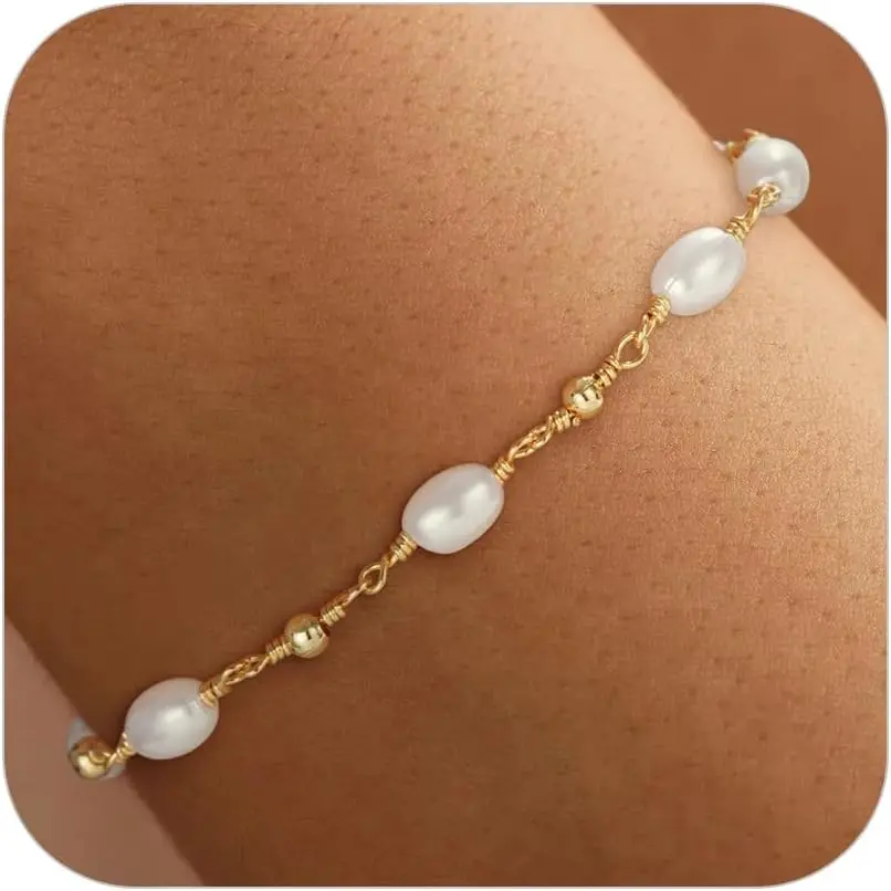 Gold Bracelets for Women Trendy, 14K Real Gold Plated Dainty Stackable Pearl Snake Chain CZ Heart Pendant Bracelets, Layered Waterproof Jewelry Gift for Women Adjustable 6"+2"