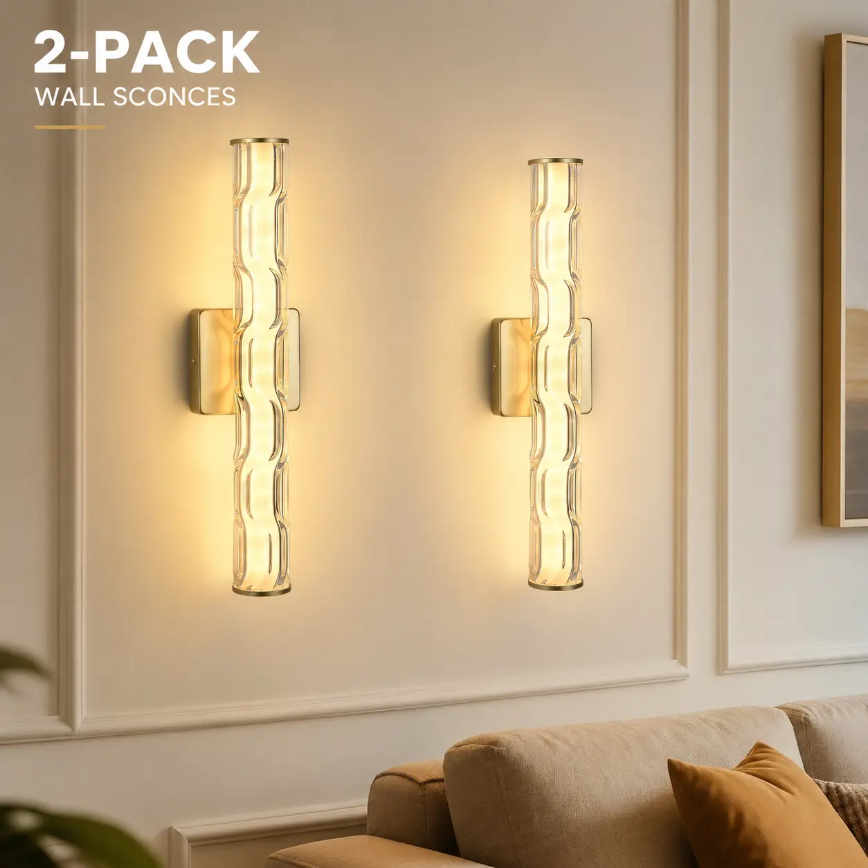 Modern Gold Crystal Wall Sconces Set of 2, 19.7" Bathroom Vanity Lights, K9 Crystal Wall Light Fixtures for Bedroom, Hallway & Living Room Operated Battery Wireless