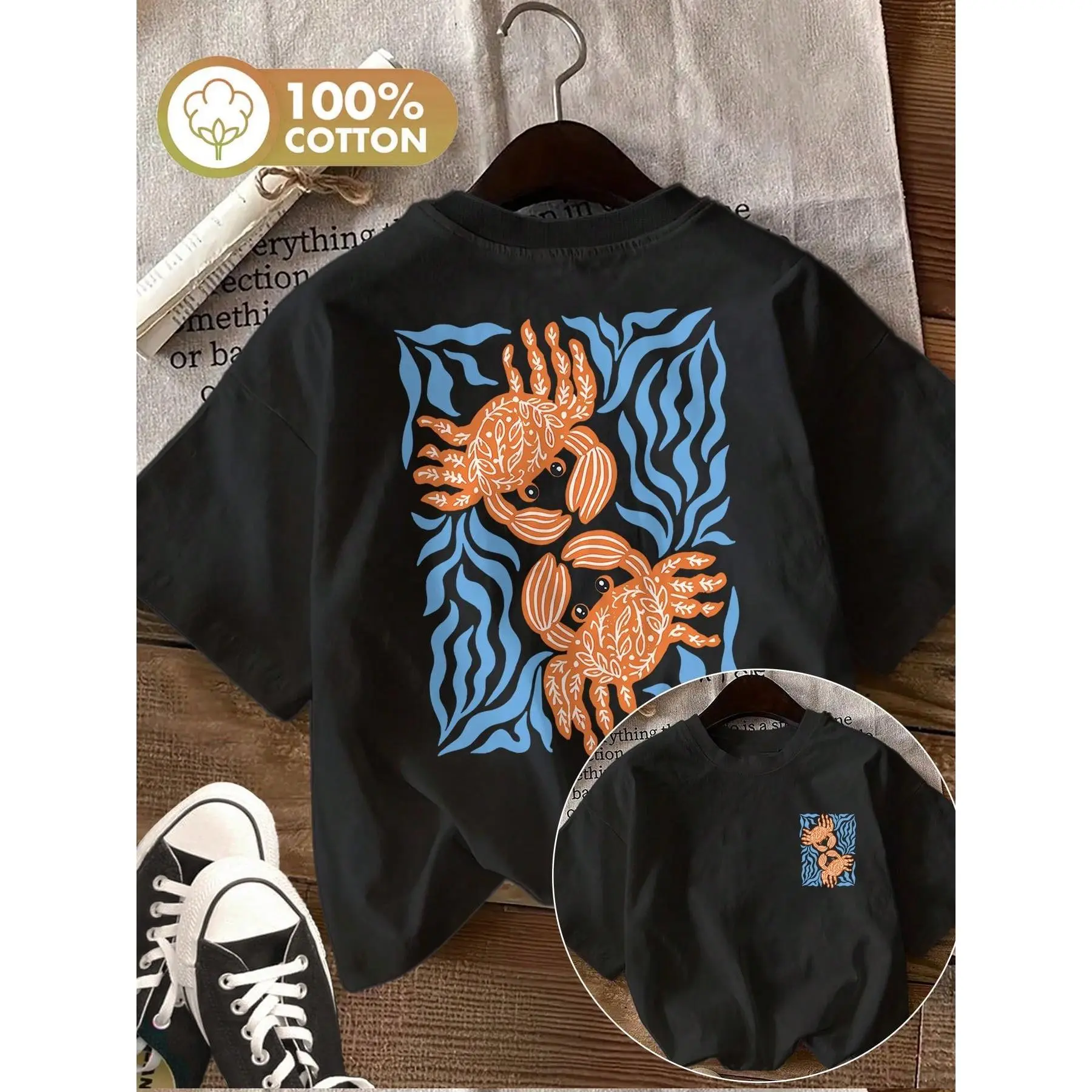 Women's Oversized Y2K 100% Cotton Graphic Tee With Retro Crab & Seaweed Print, Front & Back Design, Coastal Beach Casual T-Shirt For Women Reversible Printed T-Shirt For Women, Featuring A Playful Design With Crabs And Seaweed.