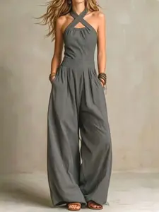 Women's High-Waisted Pleated Romper, Boho Cross-Neck Wide Leg, Lightweight Commuter, Casual Loose-Fit, All Seasons