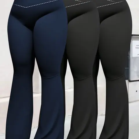 Three-Pack Plus Size Women's V-Neck High-Waisted Yoga Pants, Soft Four-Way Stretch Micro Flare Tight Fit, Curvy Body Fitness Daily Wear Long Pants, Athletic Casual Pants, High Waist Activewear, Fitness Bottoms