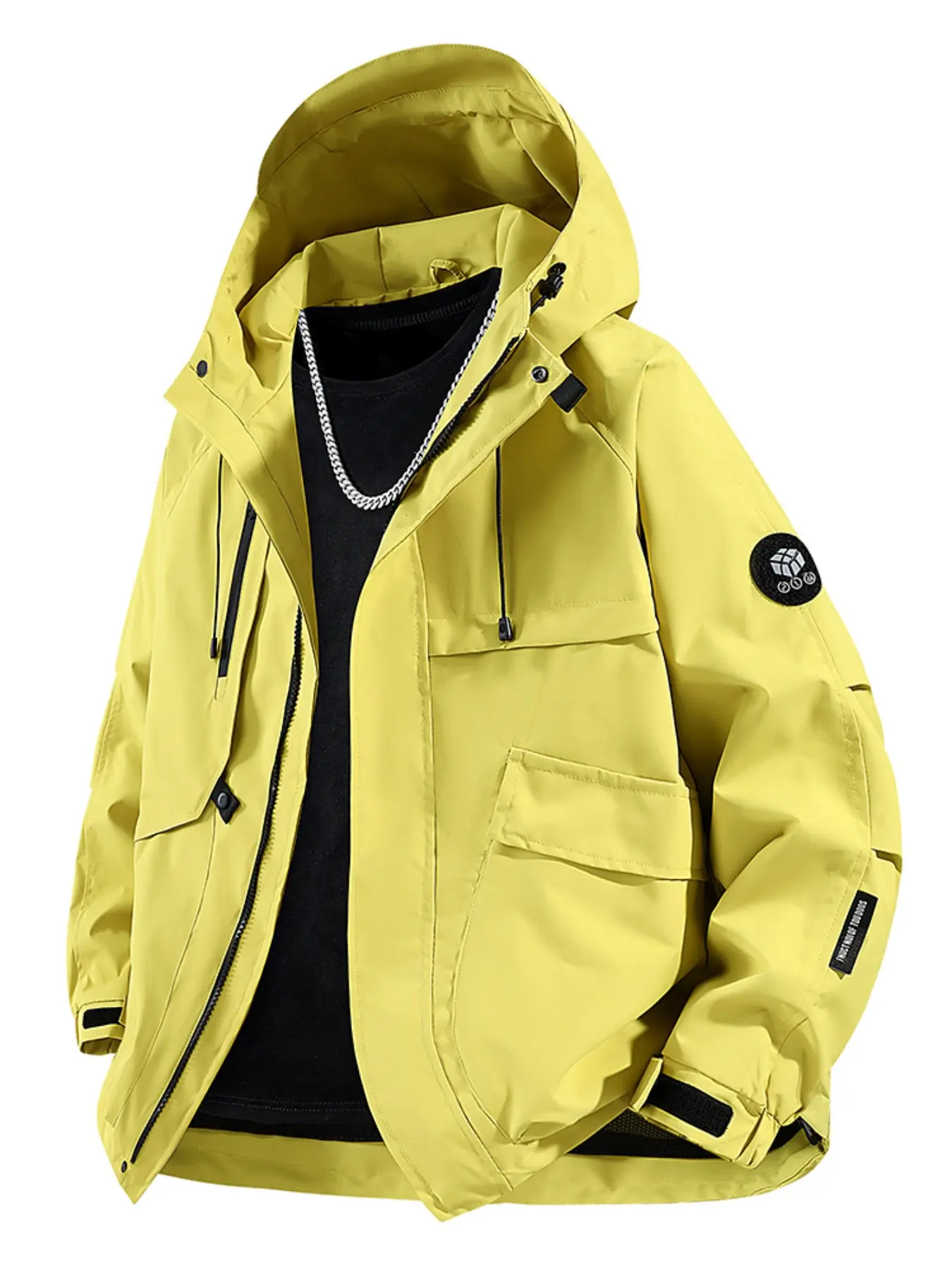 Men's Spring Fall Windproof Jacket, Hooded Zipper Front, Durable Outdoor Cycling Coat, Casual Loose Fit, Feather Pattern