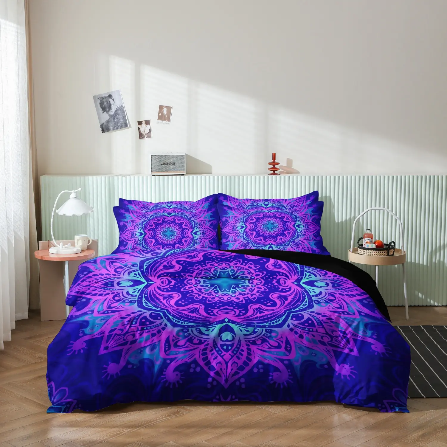 3 Pieces Purple Blue Mandala Duvet Cover Set, Bohemian Hippie Large Gradient Floral Mandala Printed Bedding, Multiple Sizes Available (1 Duvet Cover + 2 Pillowcases, No Comforter No Pillow) ﻿
