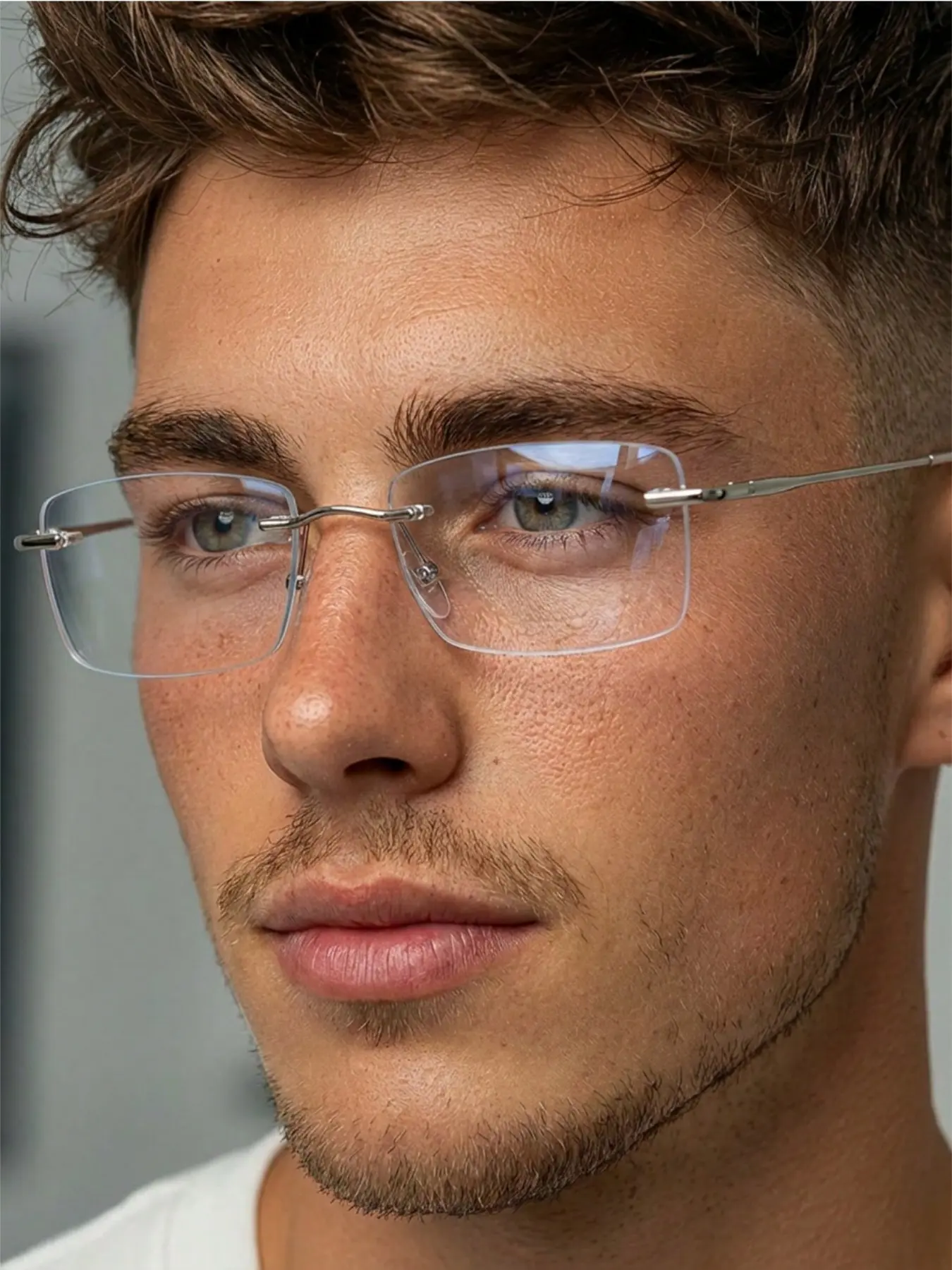 Men's Silver Color Frame Non-Prescription Glasses, Minimalist High-End Metal Thin Frame, Casual Style, All Seasons, Plain Pattern, Lightweight Frame Glasses