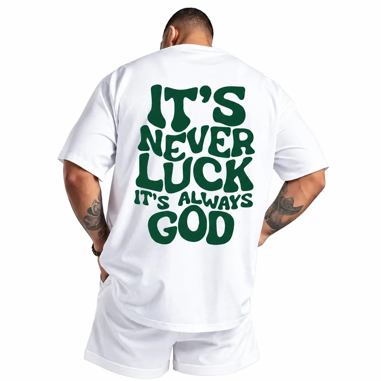 Men's "It's Never Luck It's Always God" Graphic T-Shirt - 100% Cotton Shortsleeve Round Neck Regular Fit Menswear Apparel, Soft Breathable Fabric for Casual Sports & Outdoor Wear