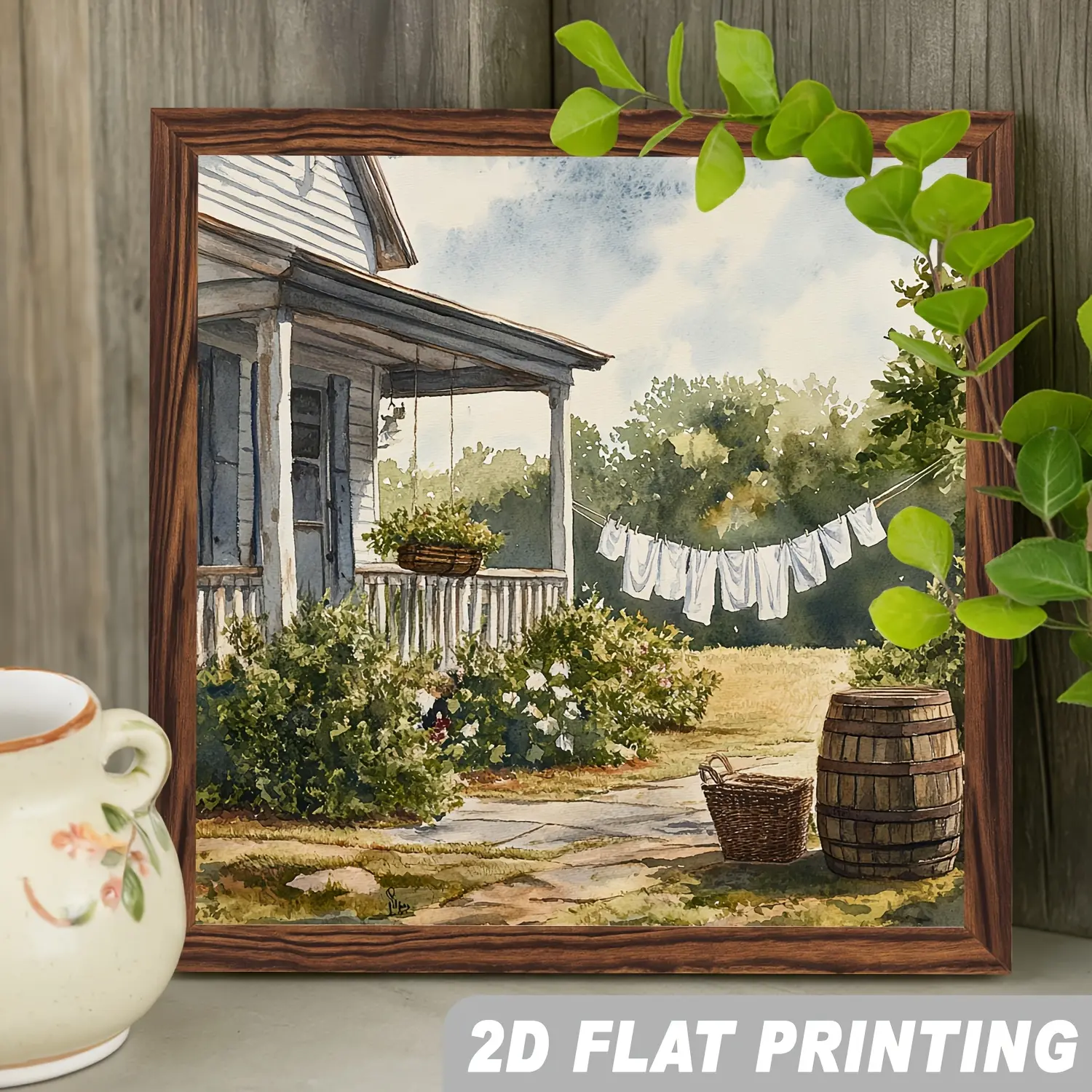 2D Flat, 1pc Rustic Farmhouse Wall Decor - Vintage Watercolor Cottage Painting Framed Sign with Laundry Line, Woven Basket & Wooden Barrel Suitable, Patio, Country Garden, Artificial Wood Square Plaque, Multi- Decoration, 2D Flat