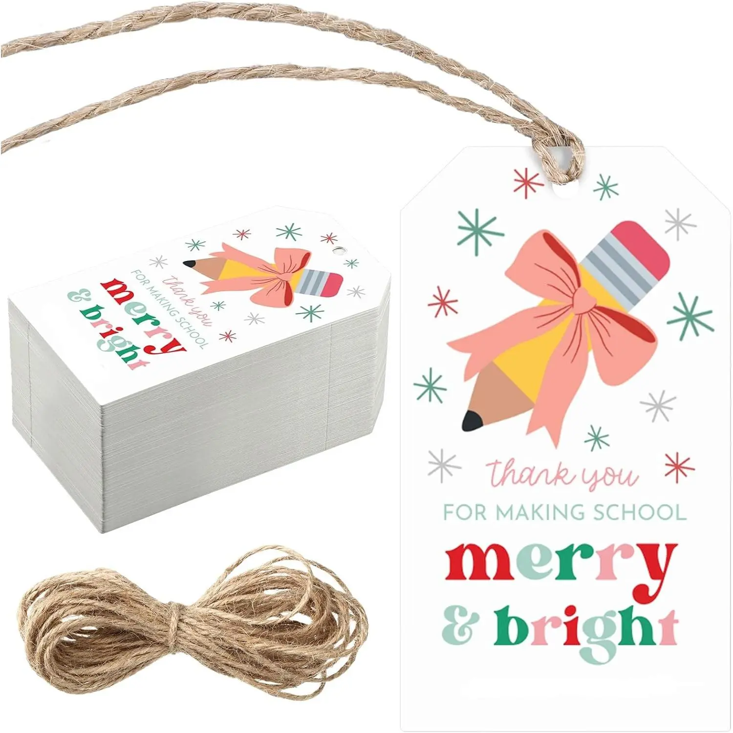 100 count Christmas Presents Tags Thank You Merry & Bright Christmas Tags Xmas Appreciation  Labels with String for Xmas Holiday Teachers Classmates  Wrapping Decor