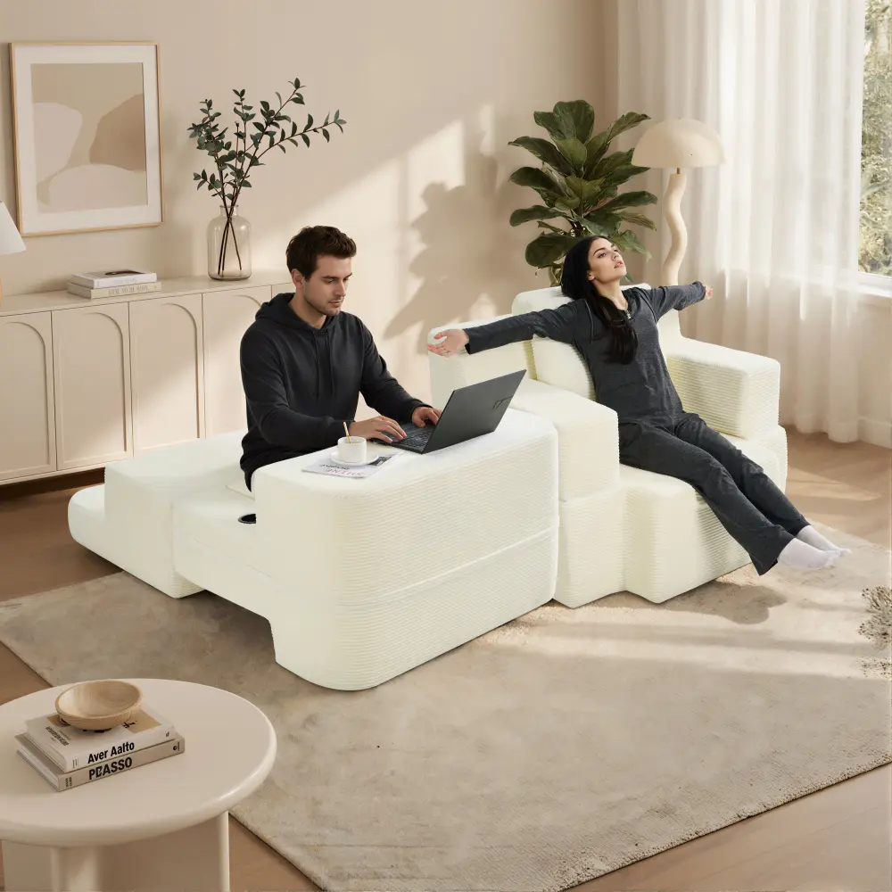 Littleox Multi-Functional Single Compression Sofa, Convertible into Computer Desk & Simple Office Desk, Corduroy Upholstery, Comfortable Seating, Ideal for Office Workers