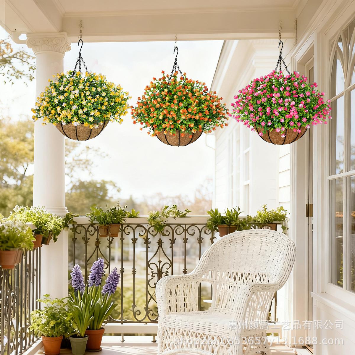 Artificial eucalyptus, camellia, and coconut palm flower baskets, hanging baskets, artificial flowers for home, garden, outdoor, and festive decorations