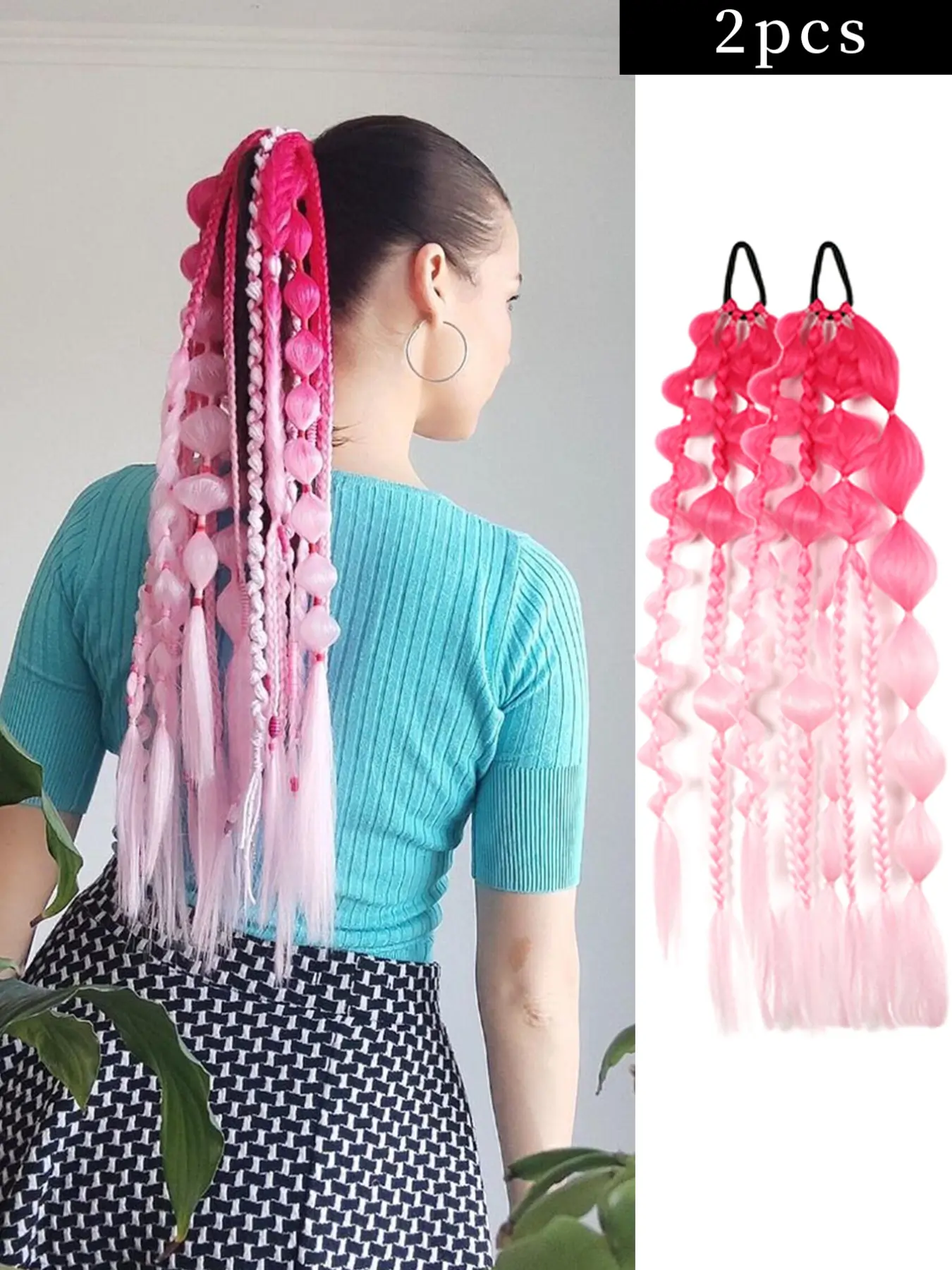 2pc Long Pink Blue Green Yellow Multicolor Braided Ponytail＋Bubble Ponytail Extension for Women ,Y2k Hair Ponytail,22 Inch Wrap Around Ponytail Afro Puff Ponytail Style Hair Extensions ,Curly Braided Straight Textured Hairband Ponytails