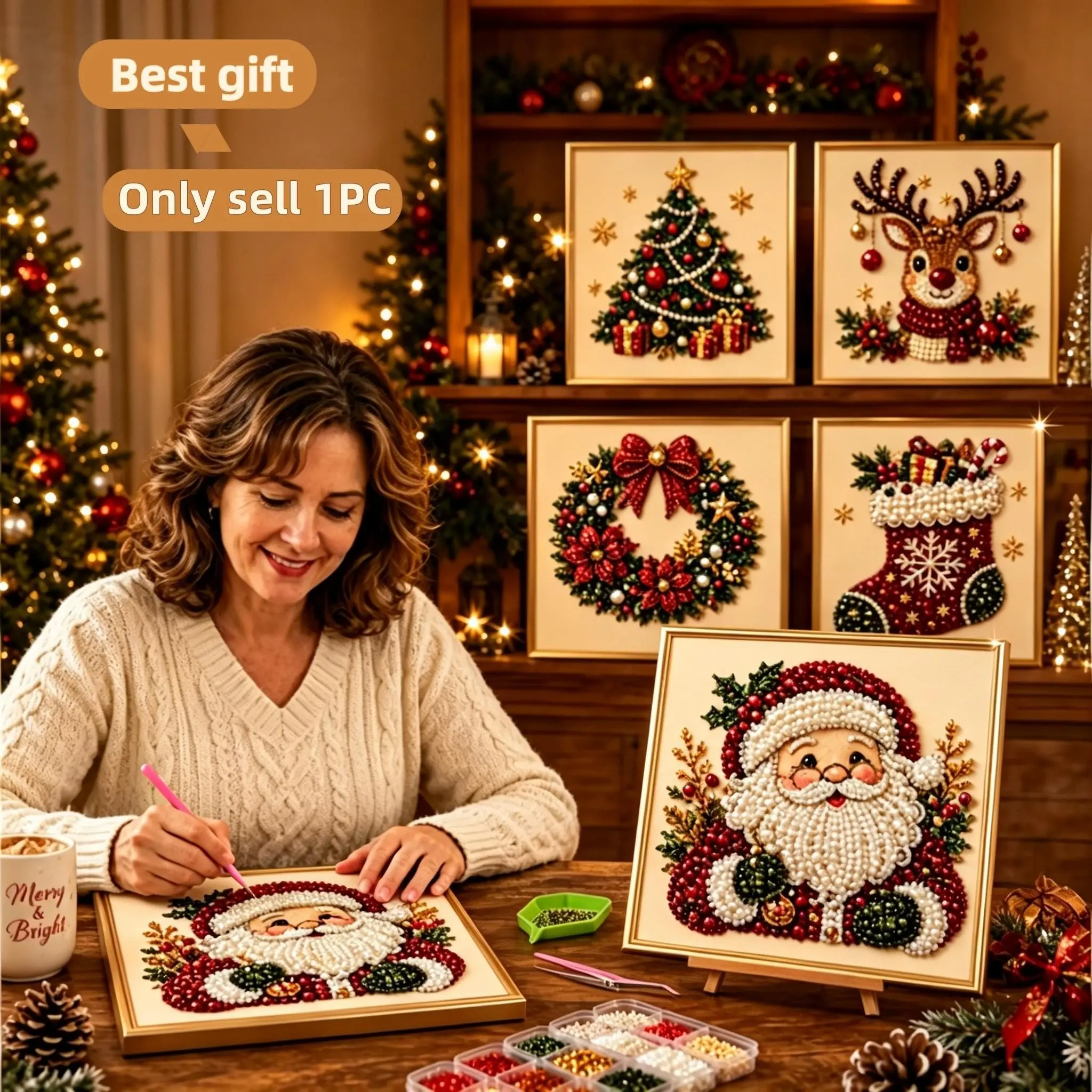 Christmas Reindeer Pearl DIY Kit, Santa Claus/sock/tree/wreath/reindeer Diamond Painting, Handmade Home Decorations, Handcraft, 1 Set