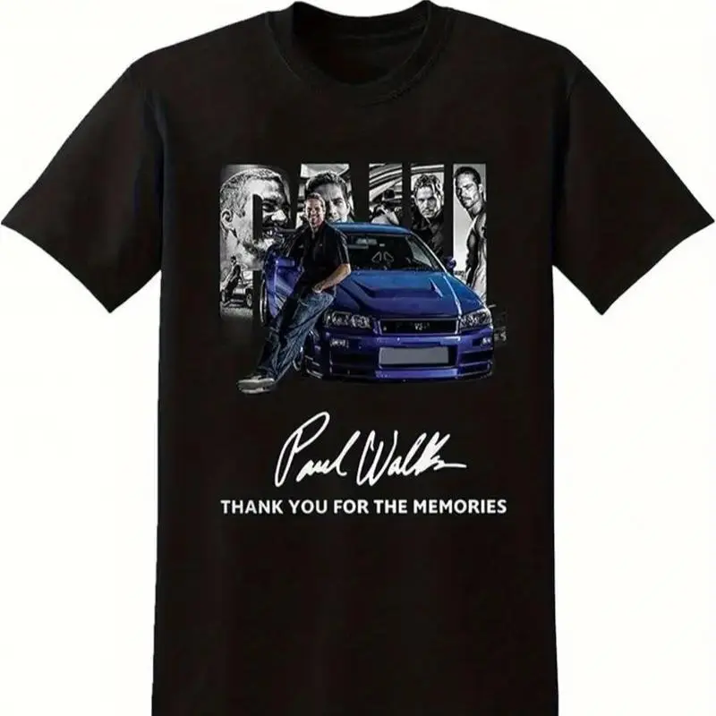 Paul Walker Tribute T-Shirt for Men, Shortsleeve Cotton Graphic Tee with Signature Pattern, Classic Fit Souvenir Gift for Supporters, Menswear, Valentines Day, Mother's Day, Tshirt, Casual, Round Neck, St Patrick's Day
