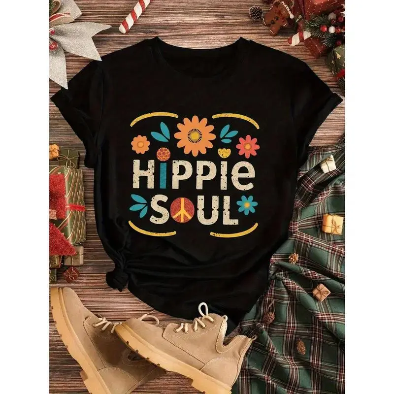 HIPPIE SOUL WOMEN'S T-SHIRT- COLORFUL FLORALS WITH PEACE LOGO PATTERN, CASUAL SHORT-SLEEVED CREW NECK, HIPPIE OUTFIT