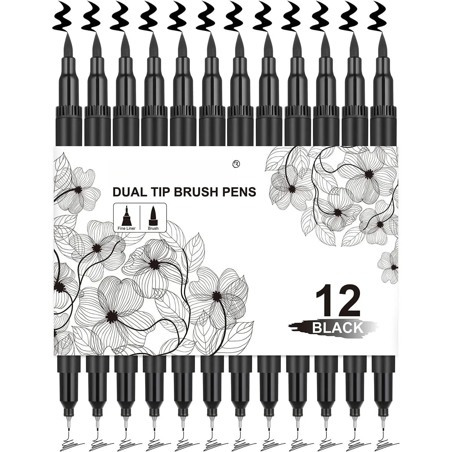 Black Markers for Drawing - Brush Pens with Felt Tips for Artists - Calligraphy Pens, 12 Pack