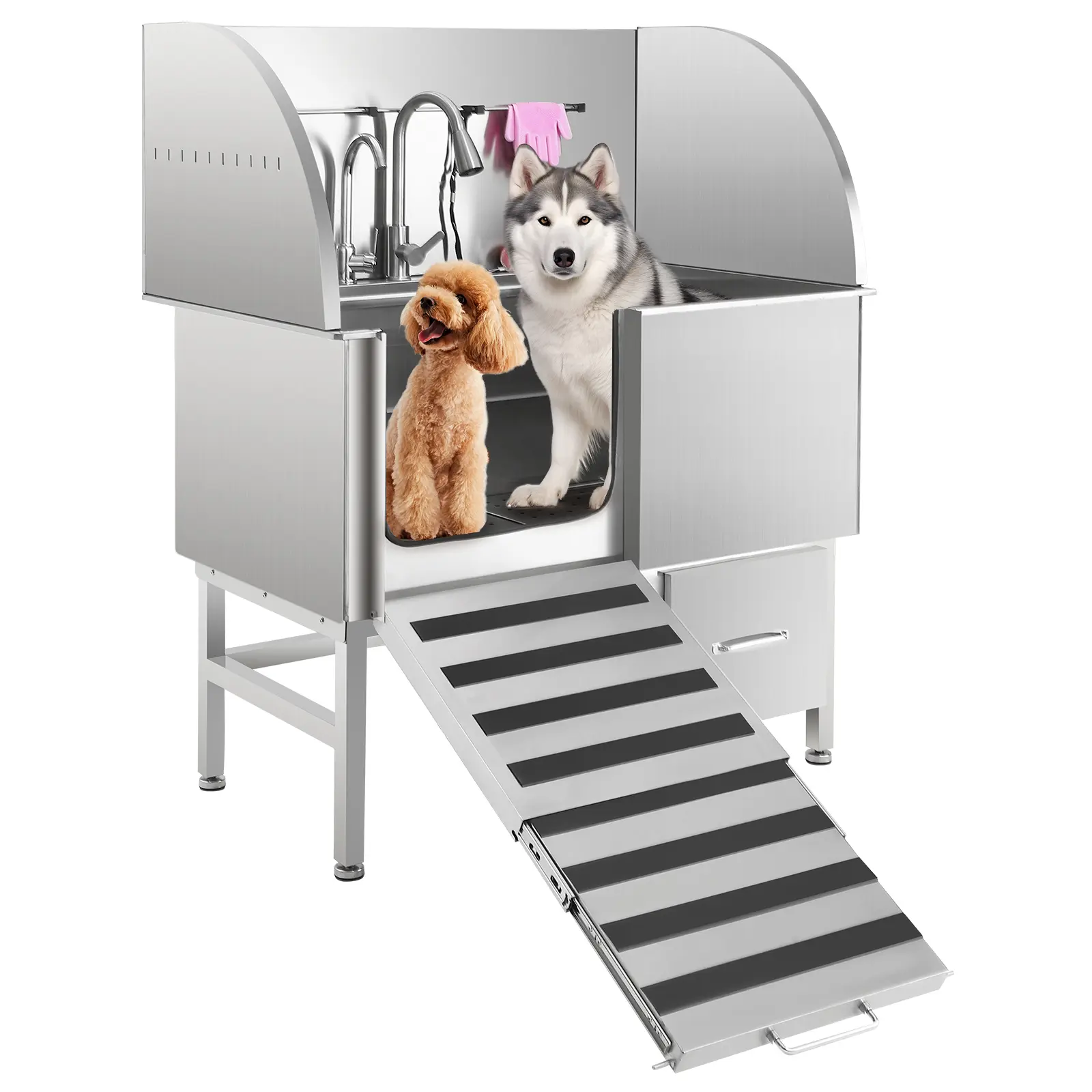 304 Stainless Steel Dog Wash Tub – 50"/60" with Ramp, Hot/Cold Faucet & Shower – 300lbs Capacity – for Large Breeds – Left/Right Door Options