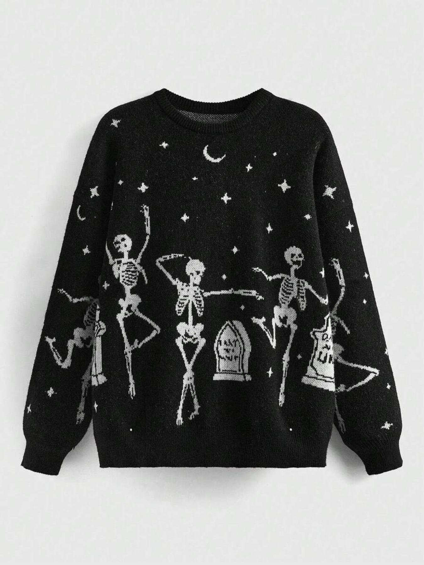 Women's Halloween Skeleton & Star Moon Print Round Neck Soft Sweater, Casual Long Sleeve Crew Jumper for Fall, Costumes, Fashion Ladies' Knitwear Daily Wear, Everyday, Womenswear, Knitting, Tops, Graphic stretch fit