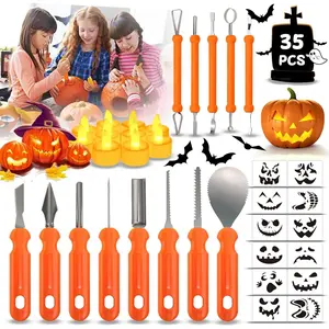 35pcs Pumpkin Carving Kit for Kids & Adult Professional Stainless Steel Tools Stencil & Candles for Halloween Decoration Jack O Lantern