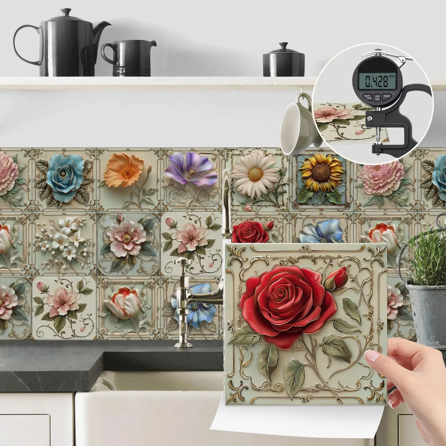 24PCS NHZ Vintage European Embossed Floral Tile Stickers, PVC Crystal Film, Glossy Self-adhesive, Removable Without Residue, Easy to Clean, for Kitchen, Bathroom, Bedroom, Office Indoor Decor