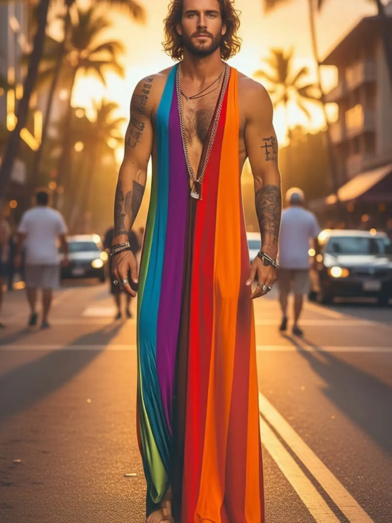 Ainwear Plus Size Men Rainbow Stripe Sleeveless Jumpsuit, Loose Fit Long One Piece, Bohemian Beach Casual, Comfortable and Stylish