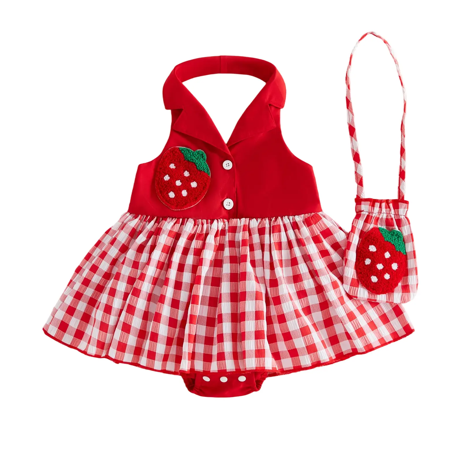 Baby Girl Romper Dress Set, 3-Piece Strawberry Plaid Baby Clothing with Lapel Halter Neck, Sleeveless Shirt, Headband, and Bag, Polyester, For Girls, Button