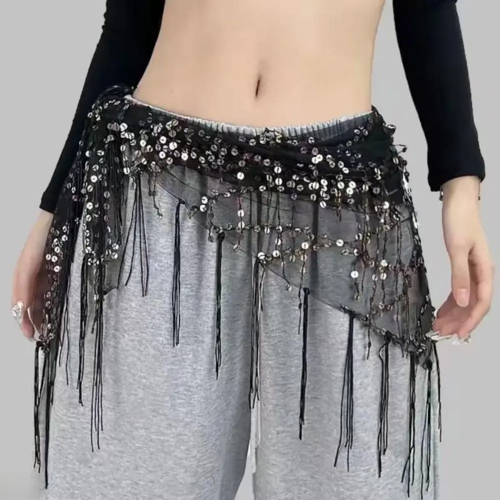 Women's Sparkly Sequin Fringe Triangular Drapery Hip Scarf Belt - Glitter Fringed Waist Wrap, Hip Hop Dance Accessory for Stage Performance (Bag Charm & Twilly Accessory)