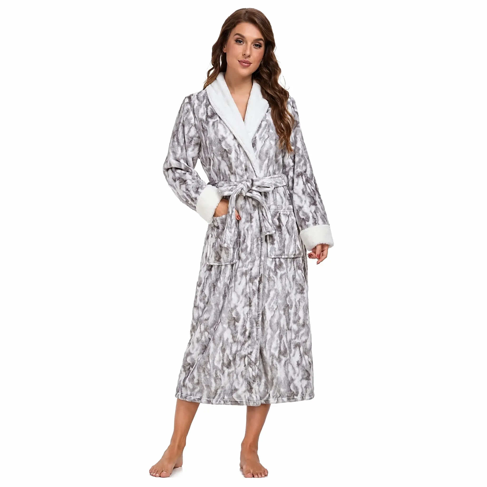 RONGTAI Womens Robes Grey Faux Rabbit Fur Print Shawl Collar Plush Fleece Bathrobe Thick Fluffy Nightgown with Pockets Belt Cozy Loungewear