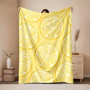 Cute Cartoon Lemon Slice Yellow Summer Flannel Blanket, Bright Citrus Fruit All Over Print Throw Blanket, Soft Plush Warm Blanket for Couch Bedroom, Cozy Comfy Nap Blanket, Perfect Giftable Decorative Blanket for All Seasons