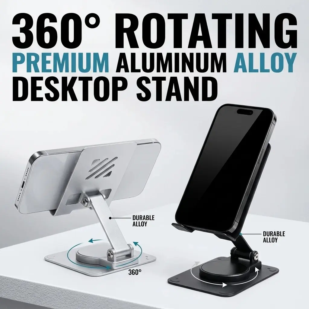 Metal Phone Stand 360 Degree Rotatable Foldable Holder for iPhone 15 Pro, Adjustable Tablet Stand for Samsung iPad, Stable Desktop Support
