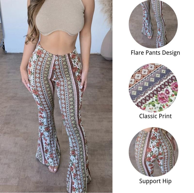 Forbidden Pants Sun Protective Women's Boho Elastic High Waist Flared Leg Pants, S to 2XL, Daily Outfits for Spring & Fall, Comfortable Fit - Floral Forbidden Pants Sun Protective Women's Boho Elastic High Waist Flared Leg Pants, S to 2XL, Daily Outfits for Spring & Fall, Comfortable Fit - Floral