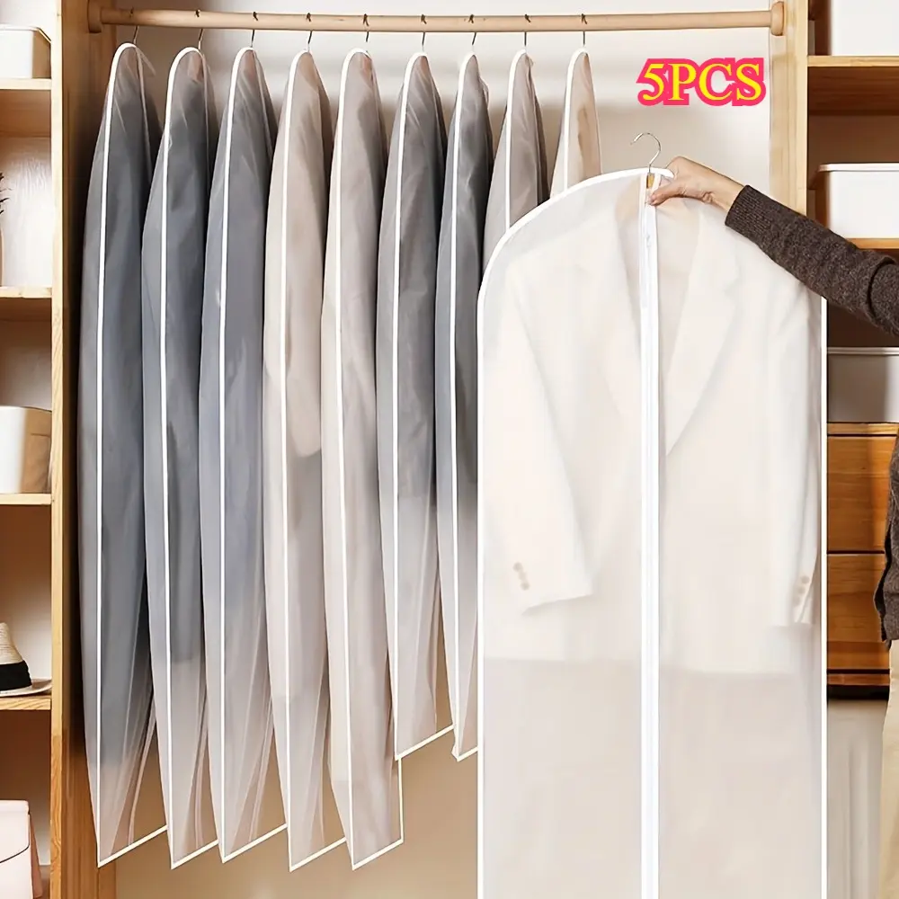 5PCS Semi-transparent Breathable Garment Dust Cover, Reusable Hanging Clothes Storage Bag, Wardrobe Protector Bag for Suit Coat Dress Jacket, Household Closet Clothing Dust Proof Cover