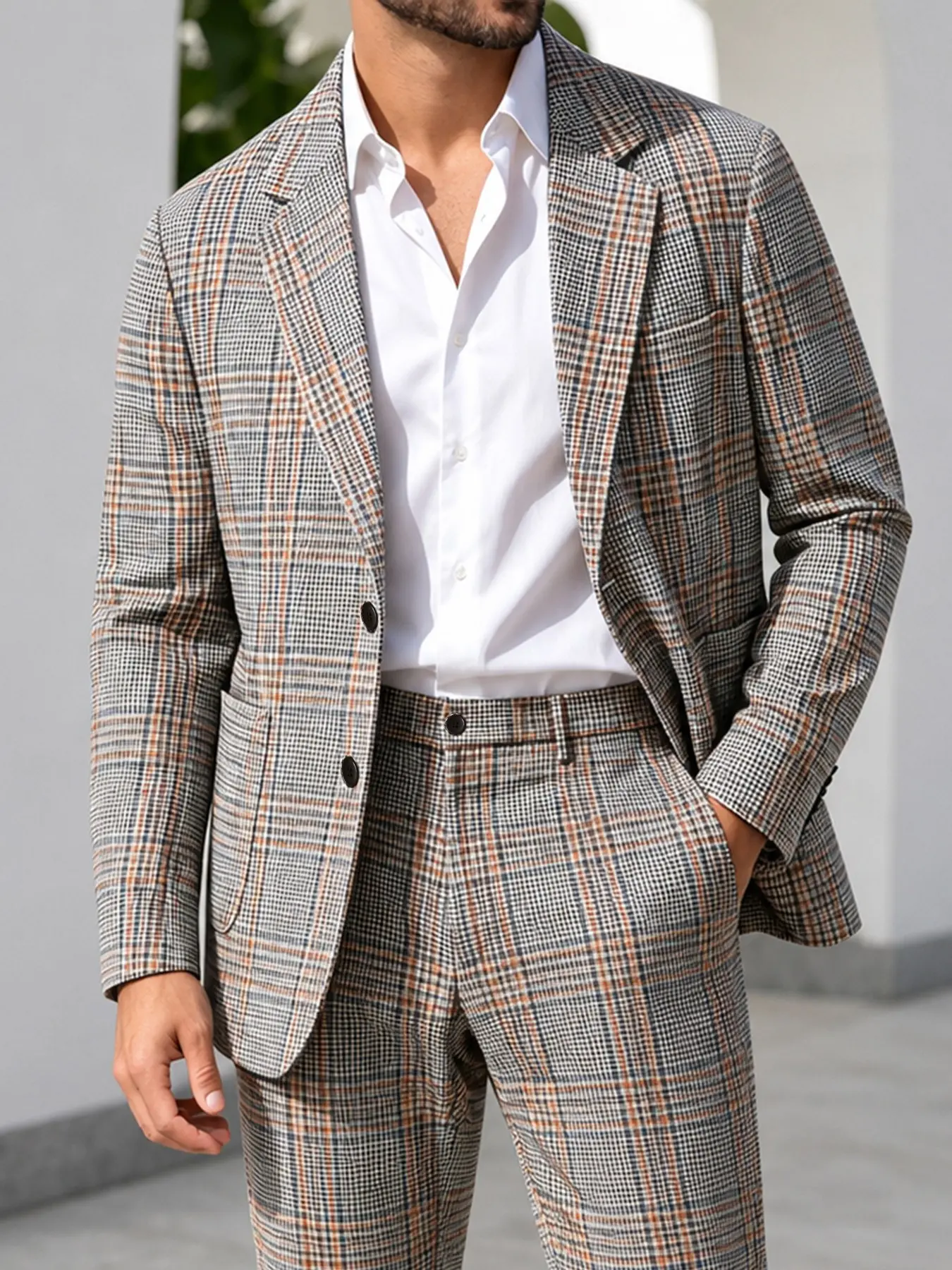 Men's Vintage Gingham Suit Two-Piece Set, Slim-Fit Blazer and Straight Leg Pants, Wrinkle-Resistant Fabric, Ideal for Office and Casual Wear