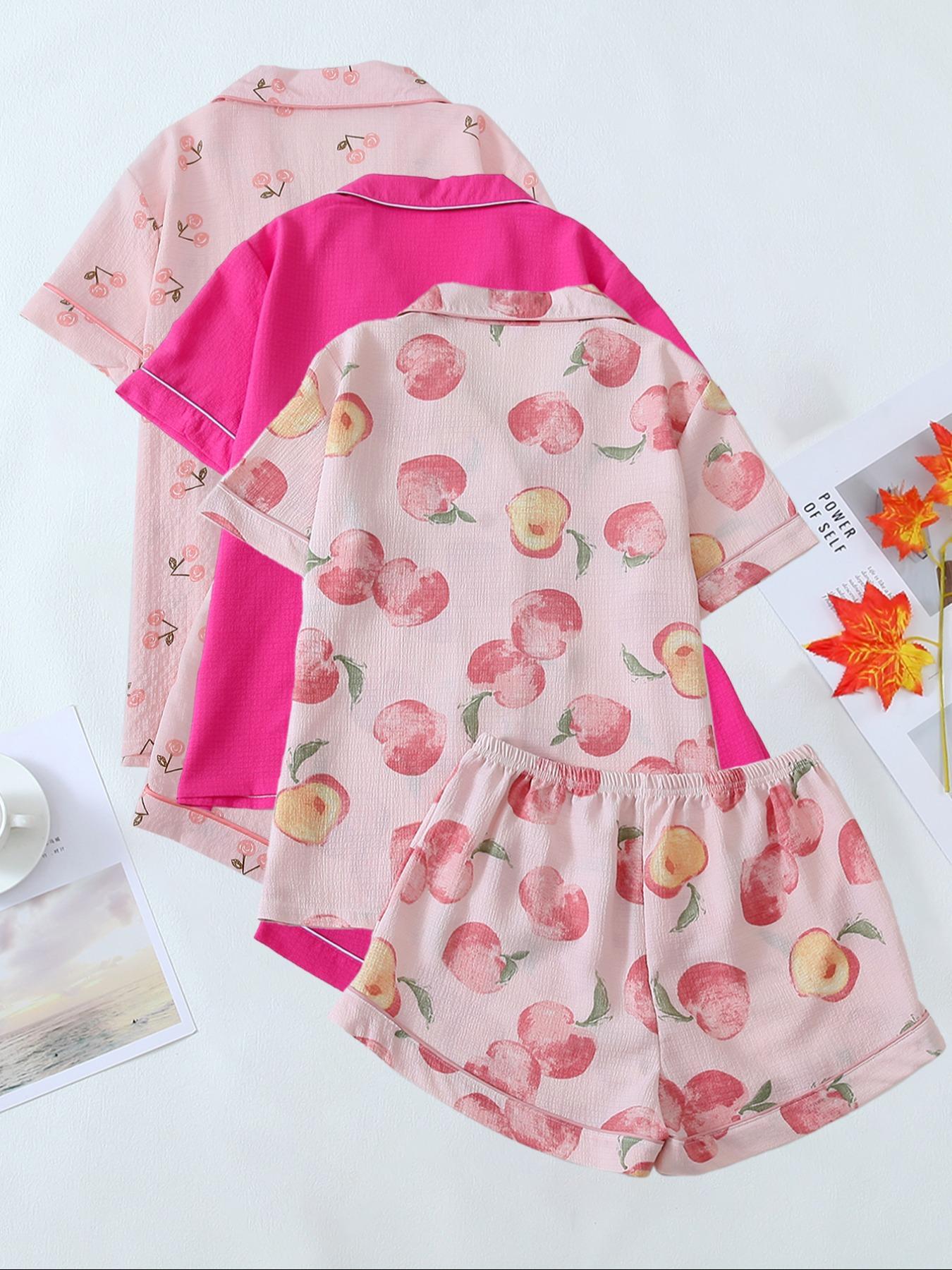 Women's Heart/All Over Fruit Print Contrast Binding Pyjama Set, Short-Sleeve Lapel Neck Button Up Top & Elastic Waist Shorts PJ Set, Casual Comfy Loungewear Set for Women, Nightwear Pajamas