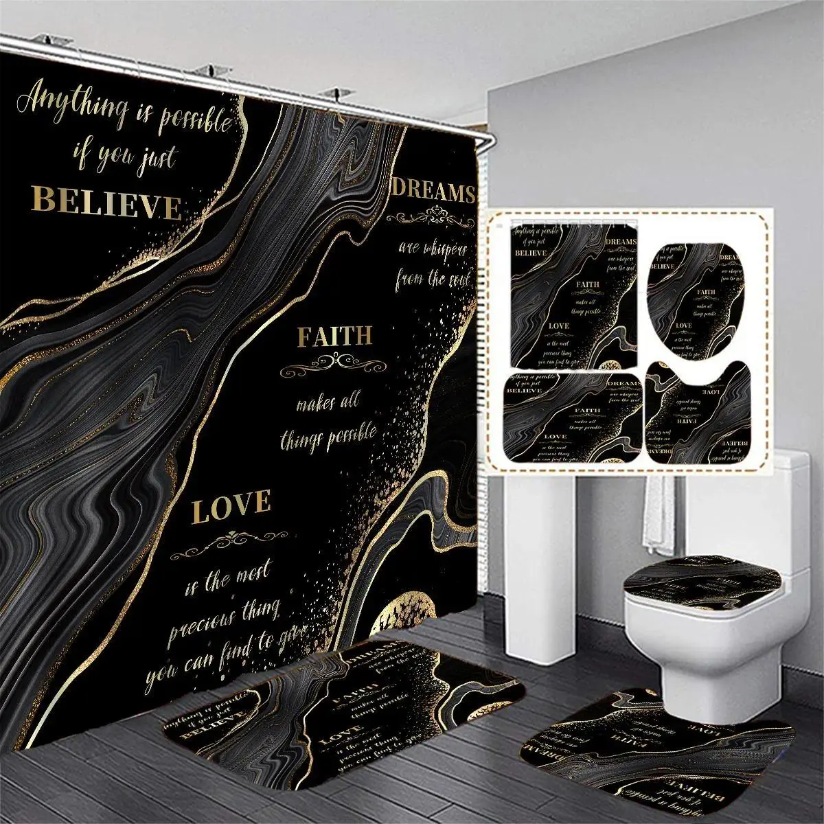 4-Piece Letter & Black Marble Pattern Bathroom Set - Non-Slip Bath Mat, Toilet Lid Mat, U-Shaped Contour Rug, Polyester Waterproof Shower Curtain with Hooks - Home Decor Ideas for Bathroom Supplies, Bathroom Decor Ideas