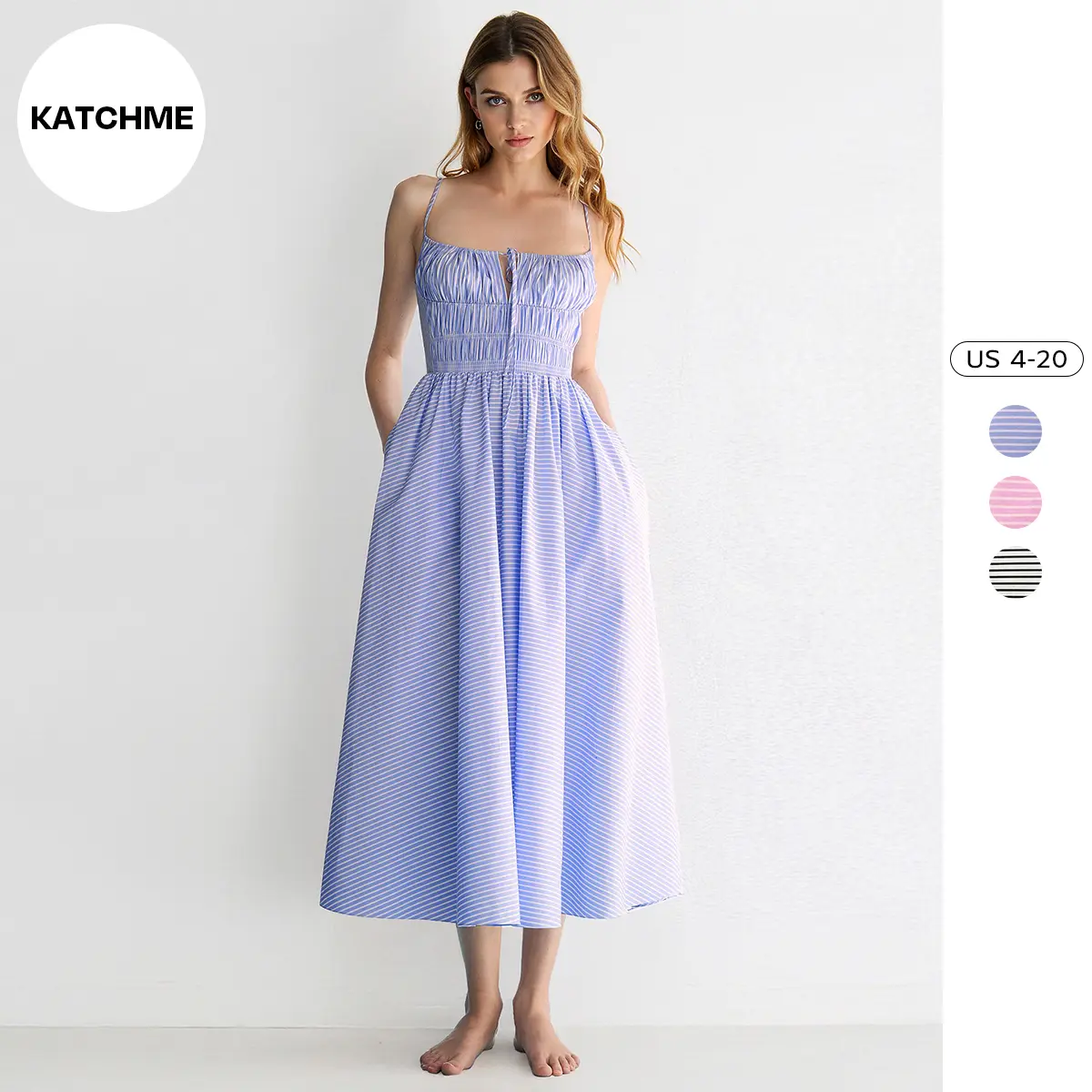 KatchMe Women's Casual Spaghetti Strap Front Tie Ruched Stripe Maxi Dress, Comfort Women's Clothing for Beach Vacation, Summer Slim Holiday Dresses