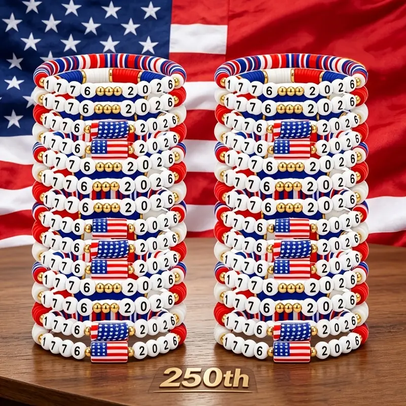 Unisex 30-Pack Independence Anniversary Bead Work Bracelets & Bangles, Red-White-Blue Patriotic Polymer Clay Beads Stretch Wristbands, 4th of July Party Favors for Daily Wear, 30Pcs, Bead Detail Bracelets & Bangles