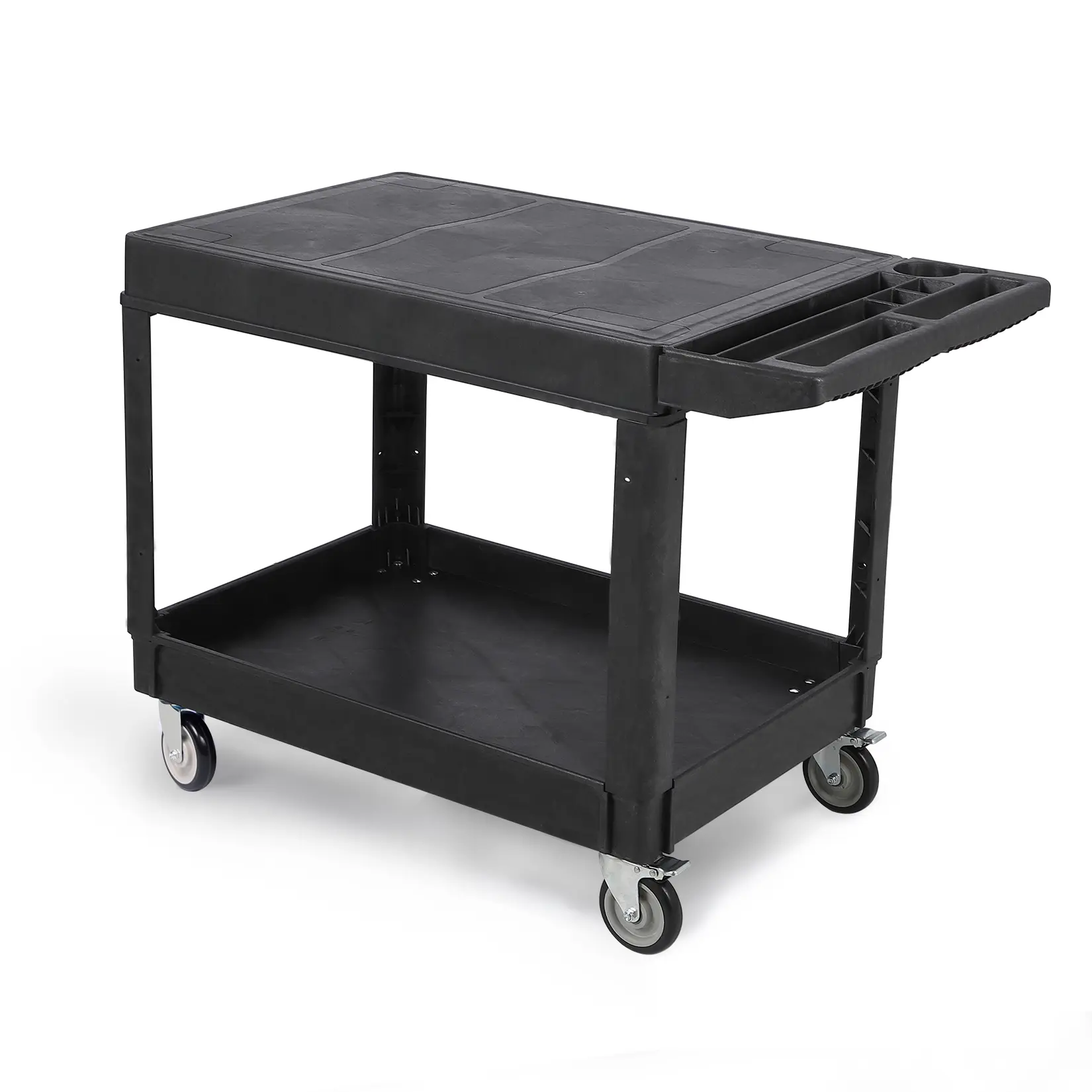 Heavy Duty 2 Shelf Plastic Flat Top Utility Cart Commercial Rolling Service Trolley with Tool Compartment Handle for Warehouse Garage Black