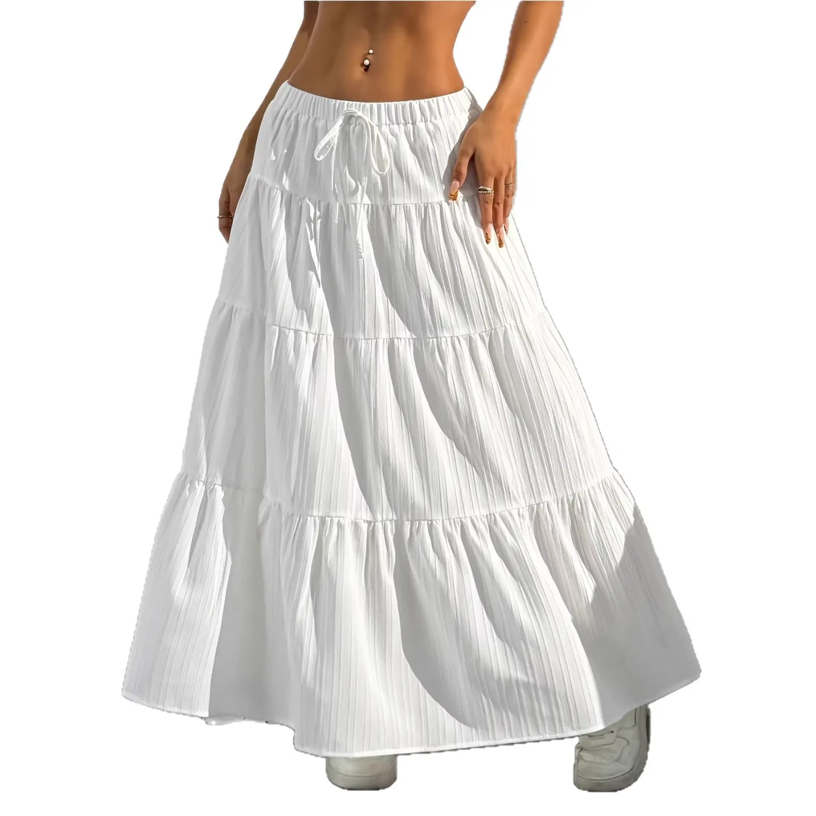 Women's Boho Tiered Maxi Skirt Elastic High Waist Drawstring Flowy A-Line Long Pleated Ruffle Skirt Summer Casual Lightweight Beach Vacation Resort Wear Vintage Y2K Fairycore Solid Color Swing Skirts