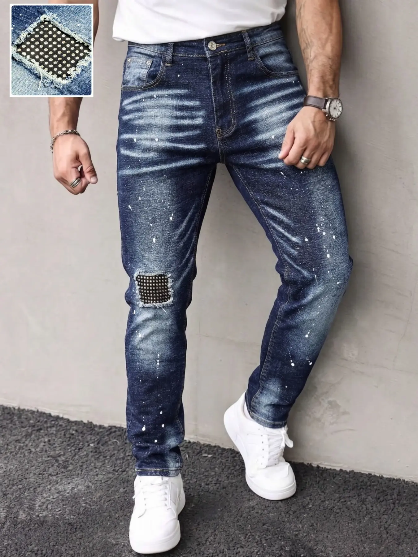 Men's Dark Blue Horizontal Stripe Washed Slim Fit Jeans, Splatter Print, Sequin Patch, Ripped Details, Elastic Streetwear Long Pants