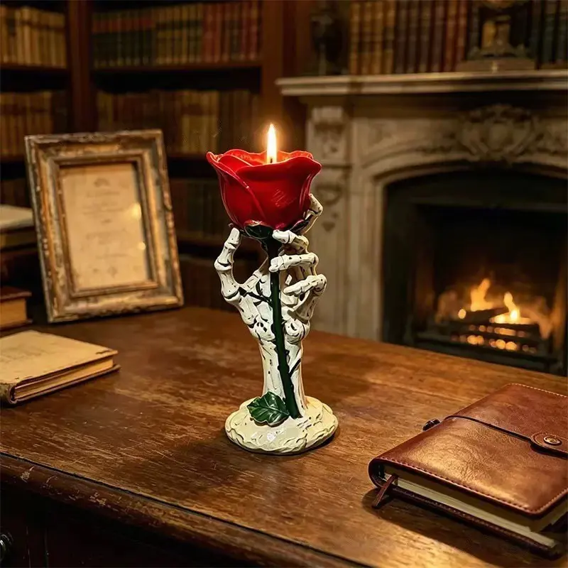 Gothic Resin Candle Holder, Skull Hand Holding Rose, Halloween Horror Desk Decor, Dark Aesthetic Home Decoration, Party Atmosphere, Interior Decoration Accessories