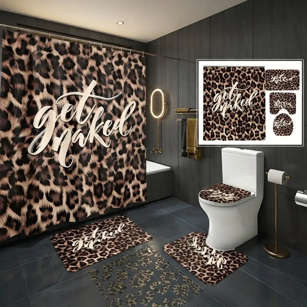 4pcs Leopard Print Shower Curtain Set, Elegant Letters Design, Includes Mat & Lid Cover, The floor mat fabric is thicker and softer! Ideal for Halloween & Parties
