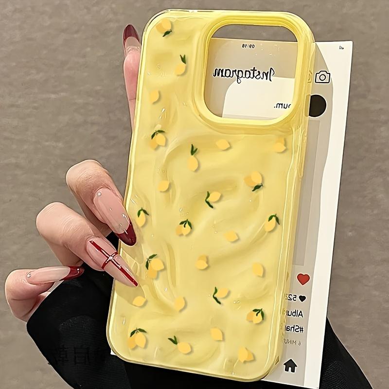 A protective case with a yellow lemon pattern design, featuring a wrinkled texture. This phone case is suitable for various iPhone models including 16/15/14/13/12/11 Pro Max/Plus. It's a popular birthday gift and business gift, durable and brand new, suit