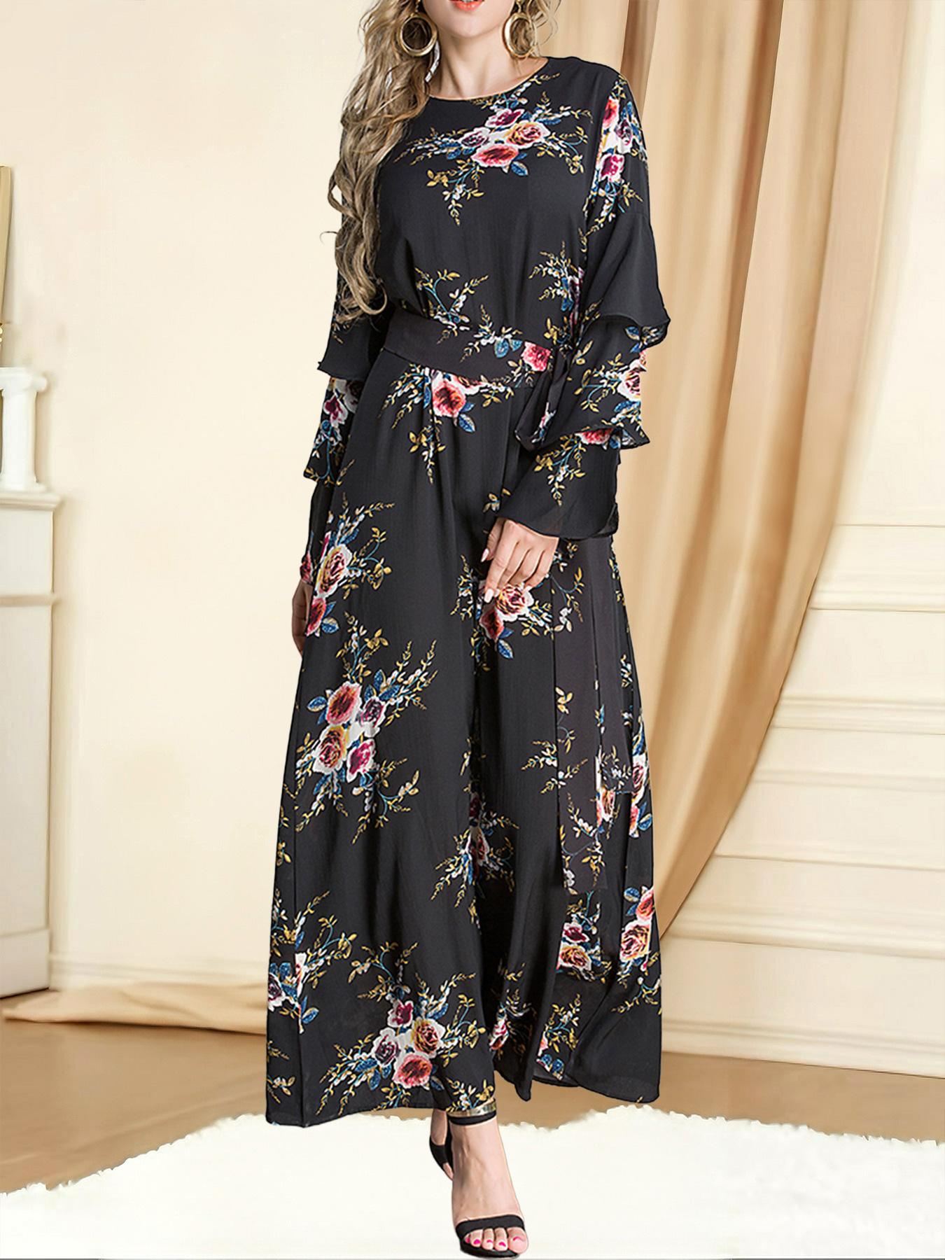 Elegant Rose Print Long Dress, Round Neck Loose-Fit Thin Fabric, Back Zipper Design, Perfect for All Seasons, Women's Fashion