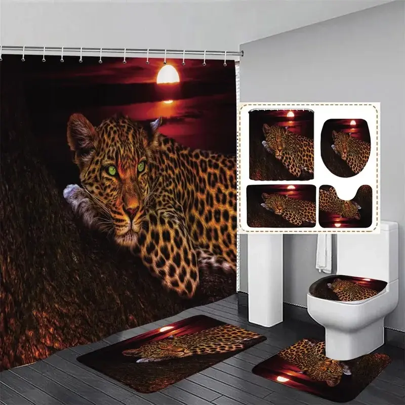 4pcs Moon Leopard Cheetah Print Shower Curtain Set with Flannel Toilet Mat, Lid Cover & Waterproof Plastic Accessories - 180x180cm Bathroom Decor