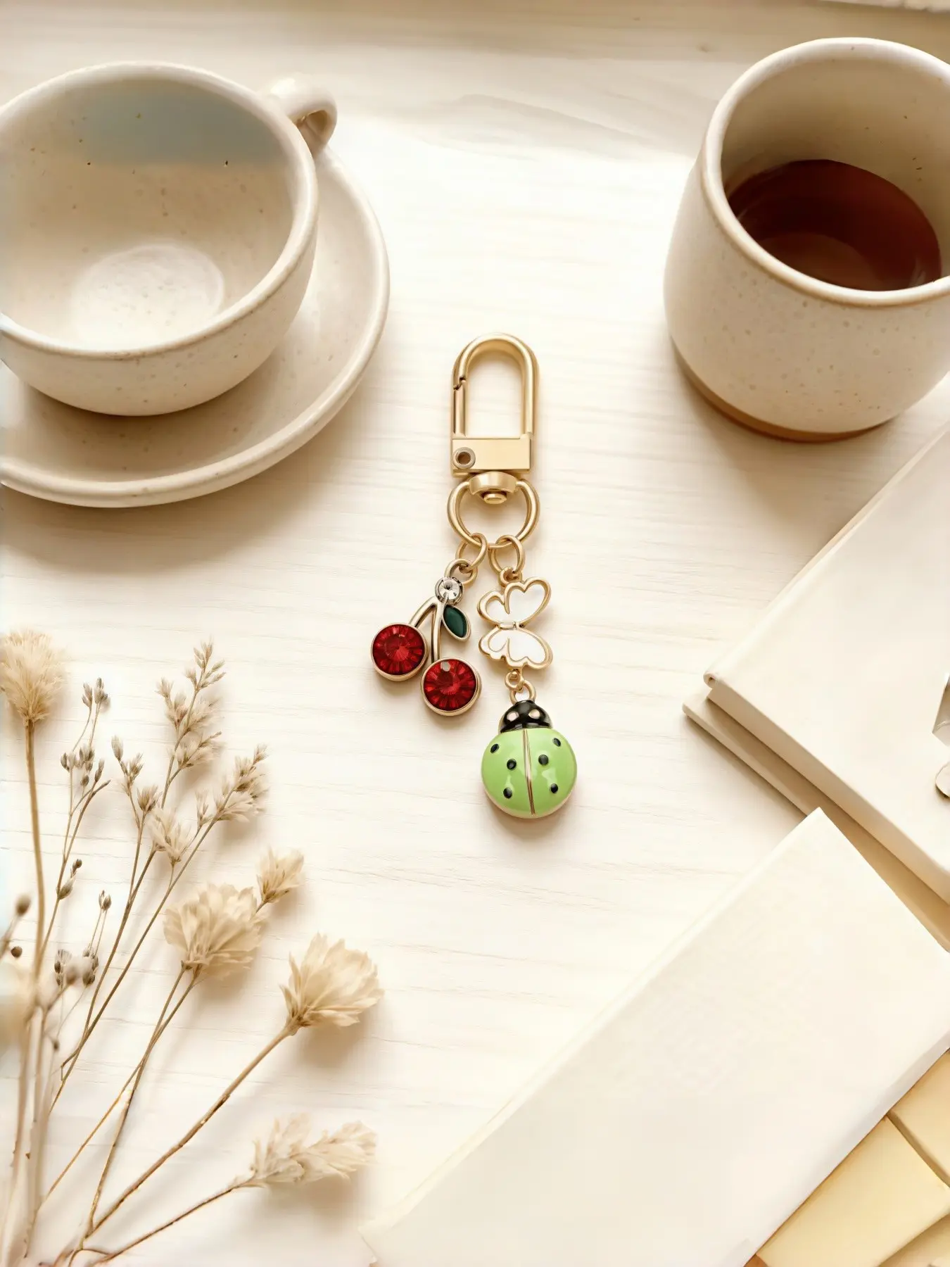 Cartoon Alloy Keychain with Rhinestones, Cherry Bow Tie Pendant, Ladybug Charm, Insect Key Ring, DIY Accessory, Gift for Men Women, Cute Keychain Accessory
