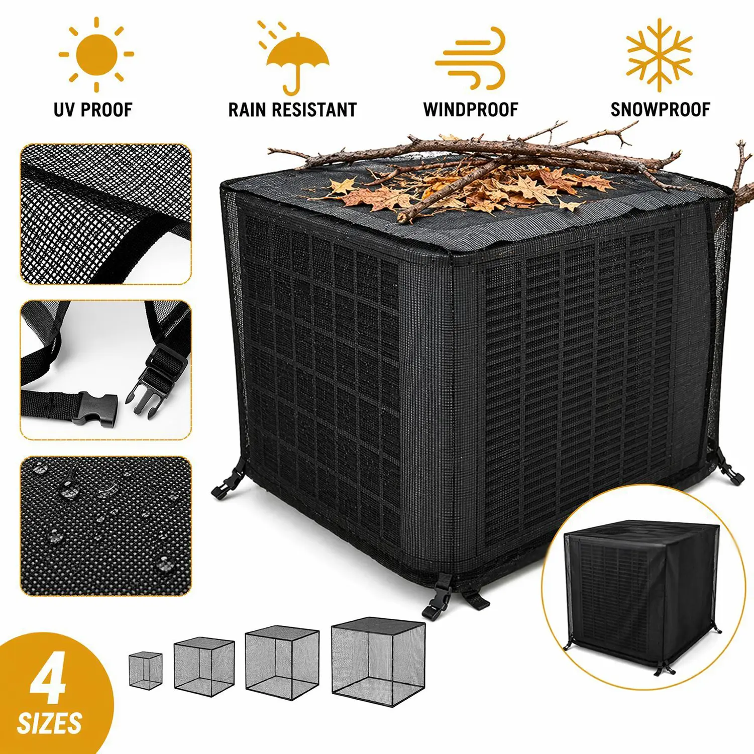 All-season use Outside AC Unit Cover Mesh Air Conditioner Outdoor Unit Protector, All Weather Snow Leaf UV Dust Proof AC Condenser Cover with Adjustable Buckle Strap