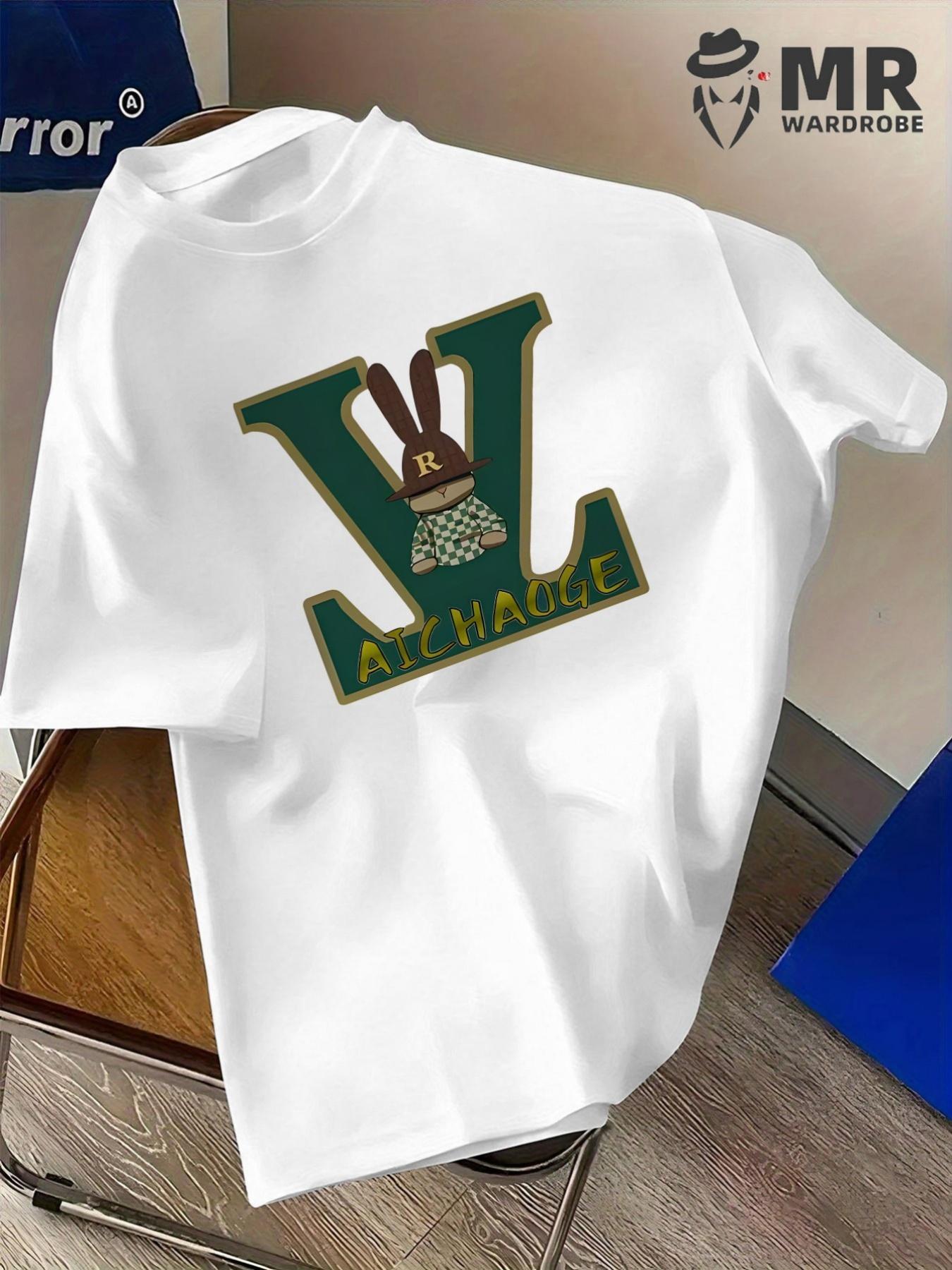 Men's Fashion Printed T-Shirt - Dark Green "V" Letter + Cartoon Rabbit Pattern, Street Style T-Shirt, 180g Pure Cotton Men's T-Shirt Streetwear Casual Crewneck Tshirt graphic tee hannah montana 20th anniversary merch 90s graphic tees