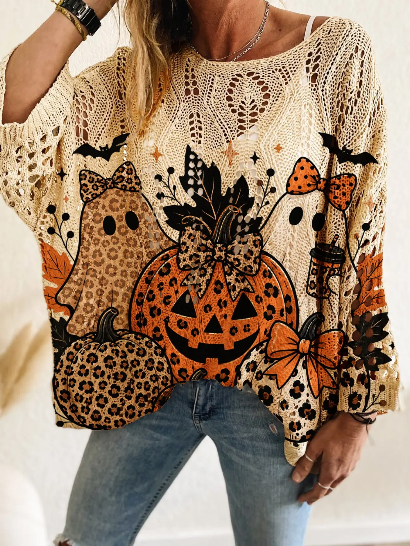 Trendy Halloween-Themed Pumpkin & Bat Pattern Cutout Sweater, Loose-Fit Batwing Sleeve Knit Top, Casual Stylish Top, Comfortable Fabric