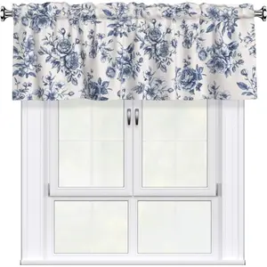 Floral Valances for Windows 54"x18" Chinoiserie Flowers Blue and White Short Curtains for Kitchen Spring Vintage Small Window Treatment Rod Pocket Valance for Bedroom Dining Room Decor
